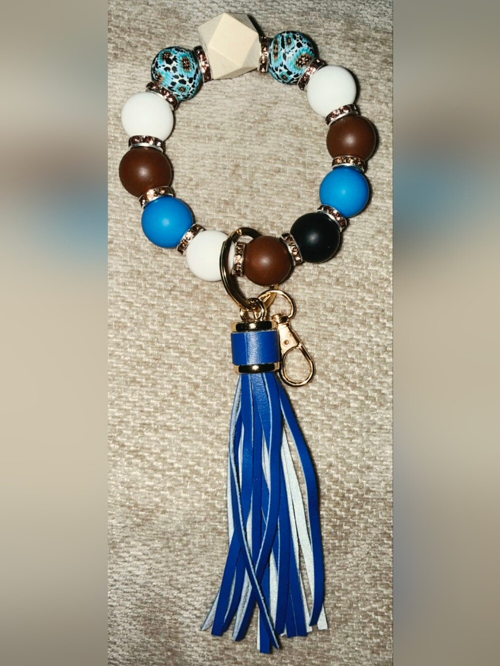 Beaded Blue Tassel Stretch Bracelet Keyring